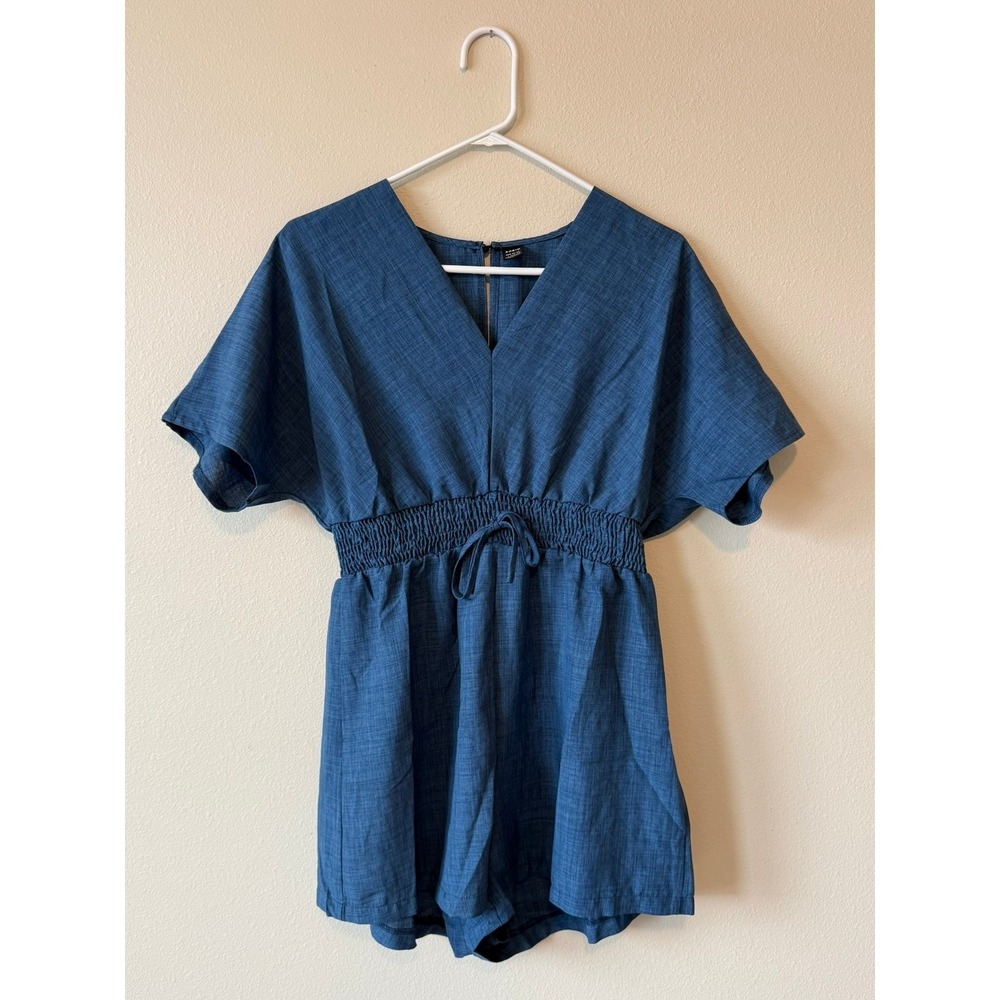 SHEIN Womens Blue V-Neck Smocked Waist Romper Short Sleeve Size L 8/10